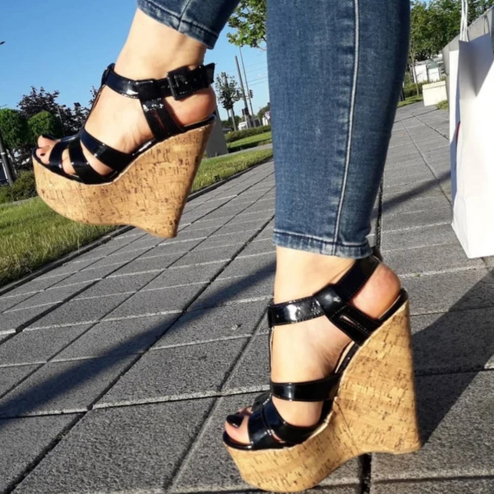 MICHAEL Michael Kors Black Patent Cork Platform Wedge Sandals